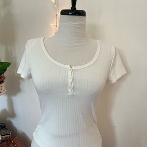 Hippie Rose Ivory White Ribbed Button-Front Short Sleeved Tee